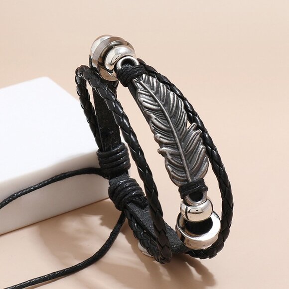 3/$35 Boho Brown Leather Feather Bracelet for Men or Women, Unisex Wristband - Picture 4 of 6